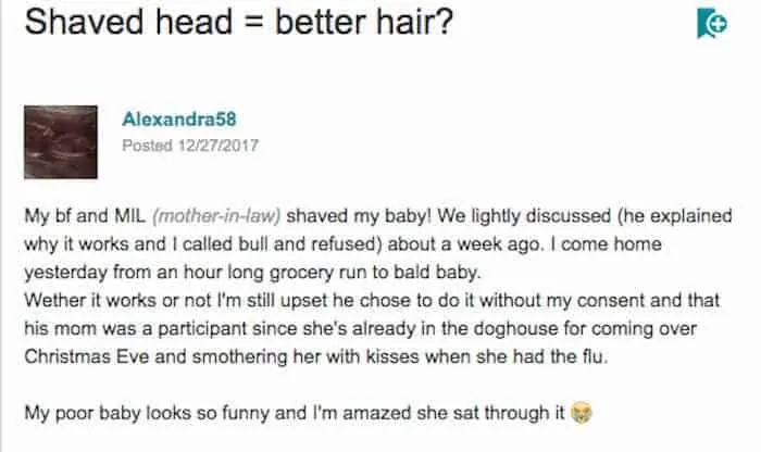 Comentário da mãe sobre a sogra que raspou a cabeça de sua bebê