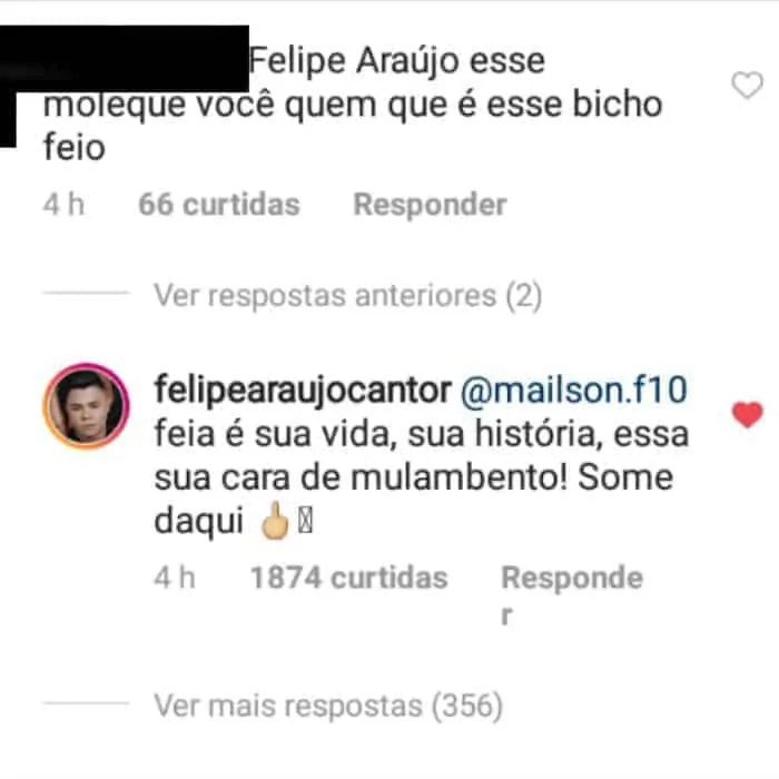 Acompanhe a resposta do cantor Felipe Araújo diante do comentário absurdo de um internauta