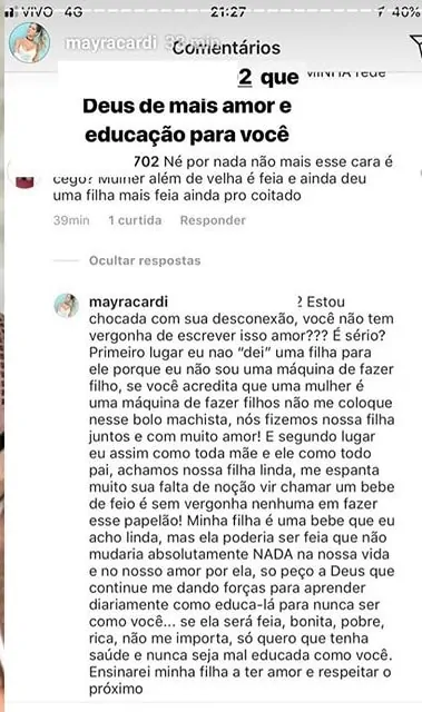 veja a resposta que Mayra Cardi para a internauta que xingou ela e sua filha