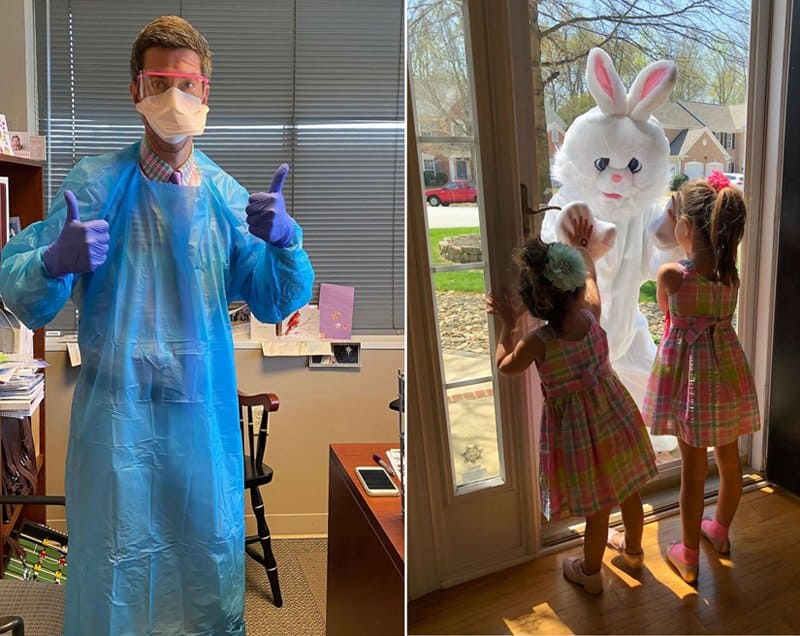 O médico se fantasiou de coelho da Páscoa para animar as crianças da vizinhança