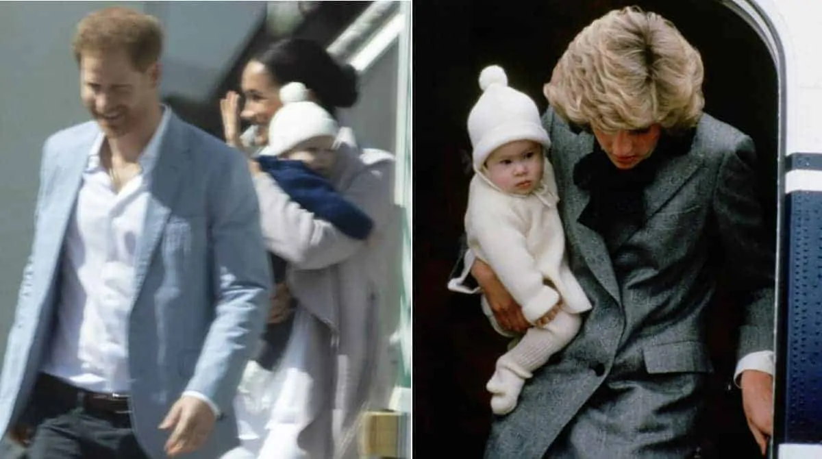 Meghan Markle com seu bebê Archie e a princesa Diana com Harry quando bebê