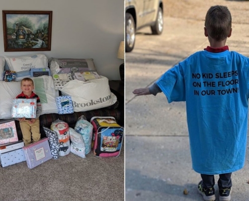 O menino ajudou a arrecadar mais de 125 peças de roupa de cama