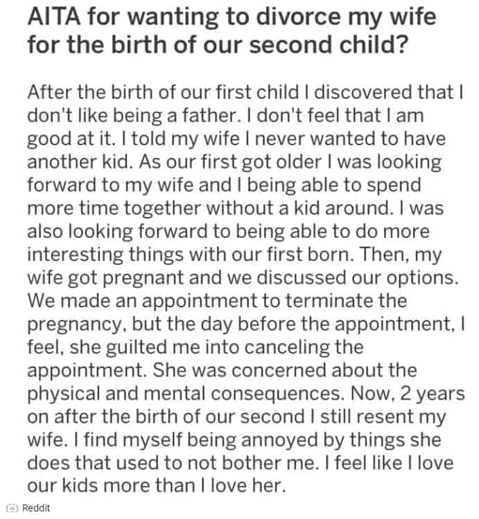 Após esposa engravidar de segundo bebê, homem revela que não gosta de ser pai 