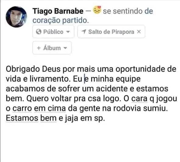 Essa foi a postagem nas redes sociais de Tiago Barnabé