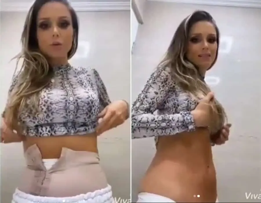 Flávia Viana mostrando sua barriga com cinta e calcinha de compressão