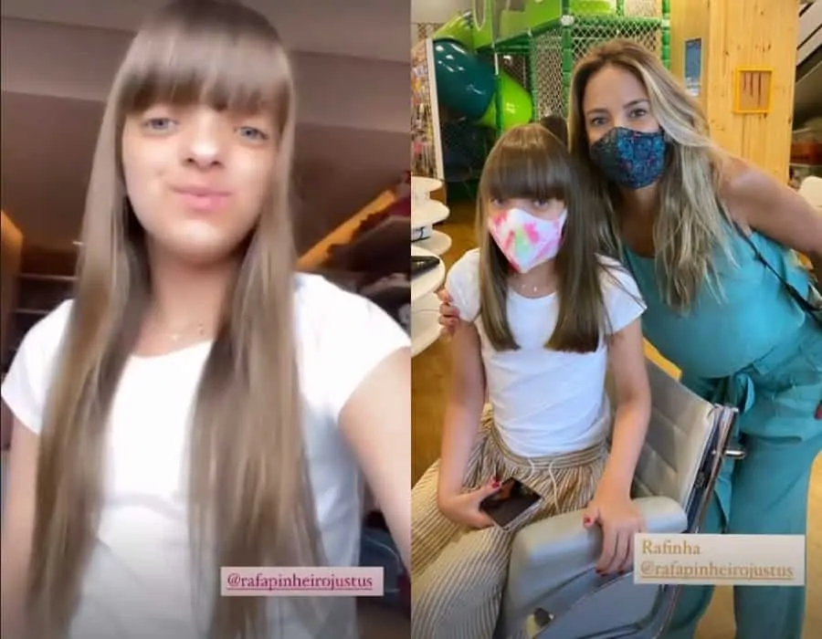 Rafaella Justus antes e depois do corte de cabelo em registro de sua mãe