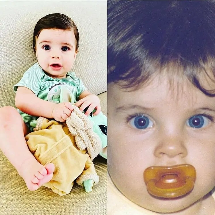 O pequeno Martin, filho de Thiago Fragoso, e o ator quando bebê