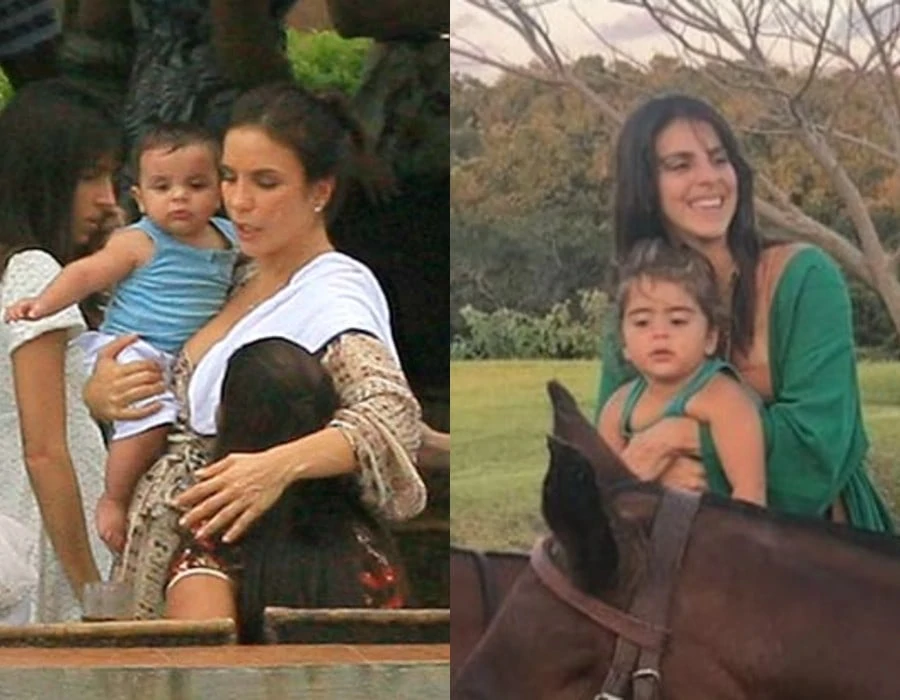 Ivete Sangalo com o filho Marcelo ainda bebê e sua filha Marina com a tia Lívia