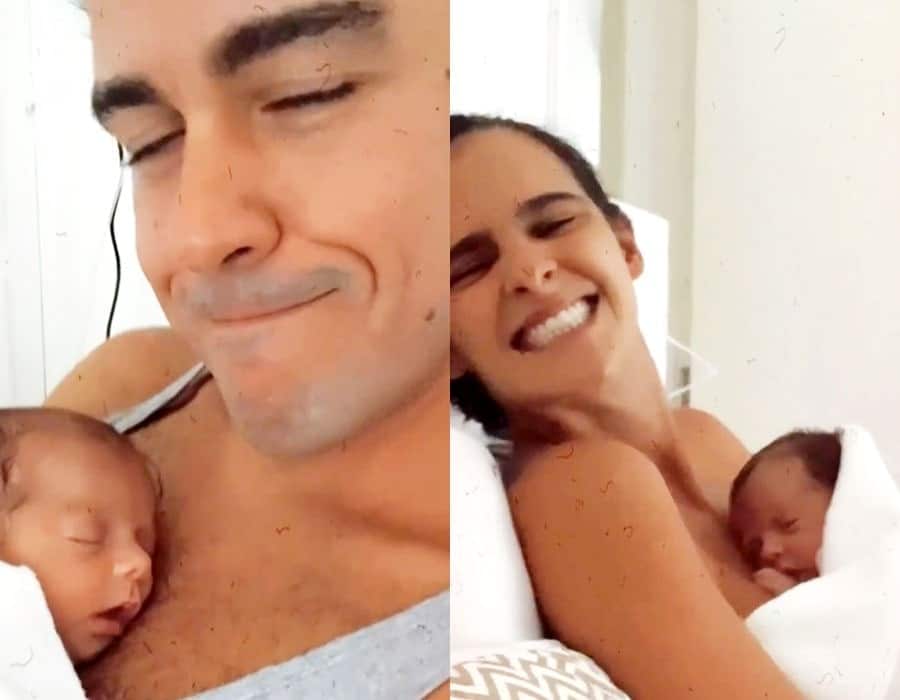 Joaquim Lopes e Marcella Fogaça com suas bebês gêmeas
