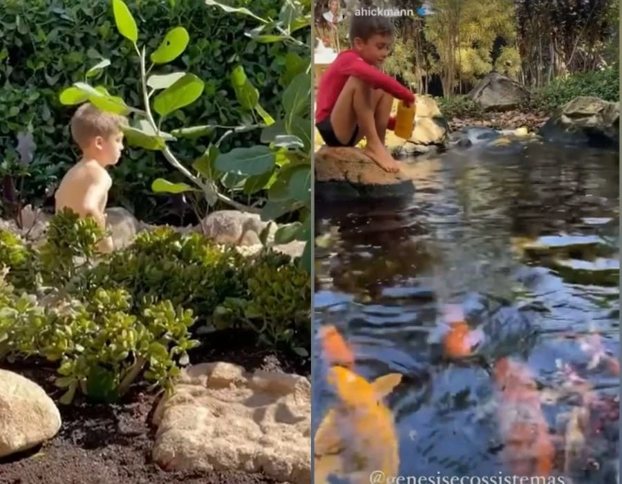 Ana Hickmann mostrando o filho no lago da mansão