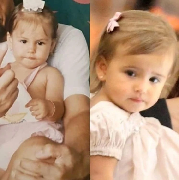 Mel Fronckowiak ainda bebê e sua filha com o ator Rodrigo Santoro