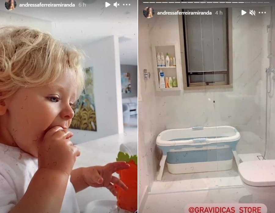 Andressa Ferreira mostrando o filho na mansão de sua família