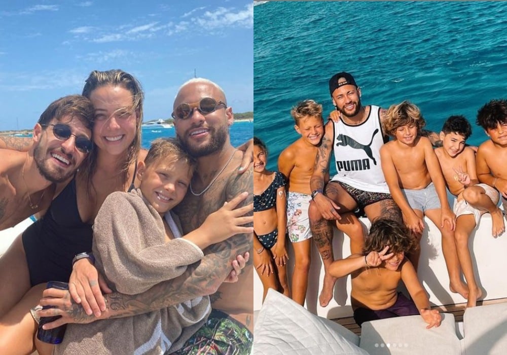 Carol Dantas ao lado de Neymar com o marido e o filho Davi Lucca