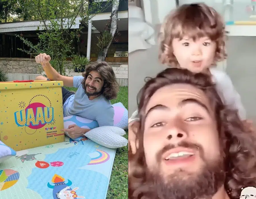 Rafael Vitti com a sua bebê Clara Maria e na mansão da família