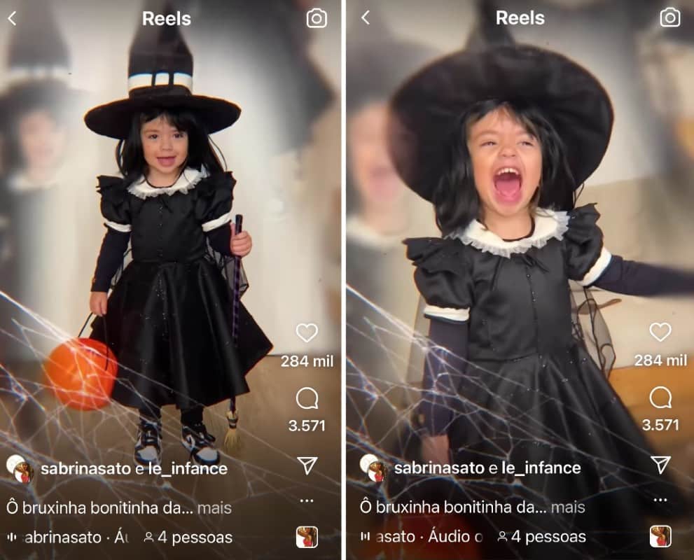 Zoe, filha de Sabrina Sato e Duda Nagle, divertiu os internautas ao aparecer de bruxa 