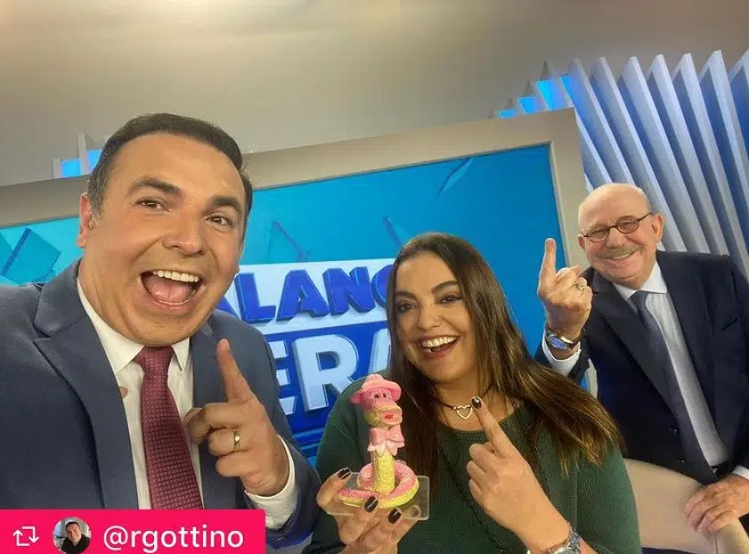 Fabíola Reipert no Balanço Geral junto com Reinaldo Gottino e Renato Lombardi