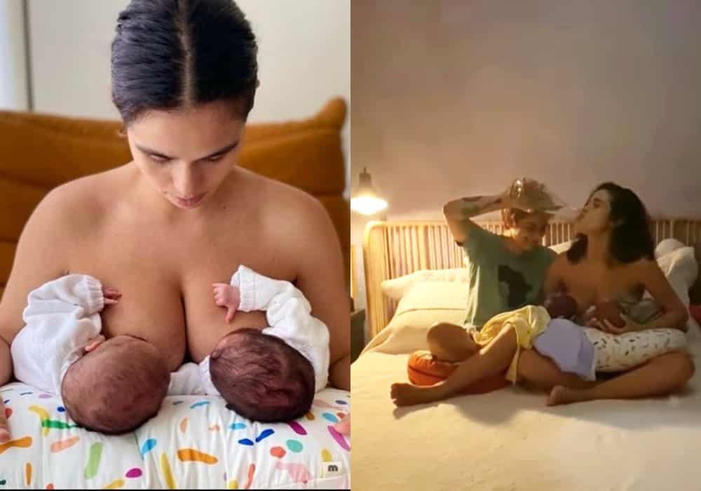 Nanda Costa com as gêmeas recém-nascidas e a esposa
