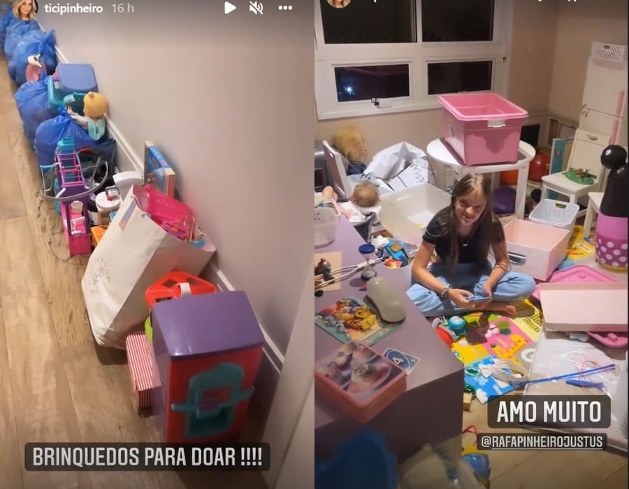Rafaella Justus com os brinquedos que doou e no seu quarto