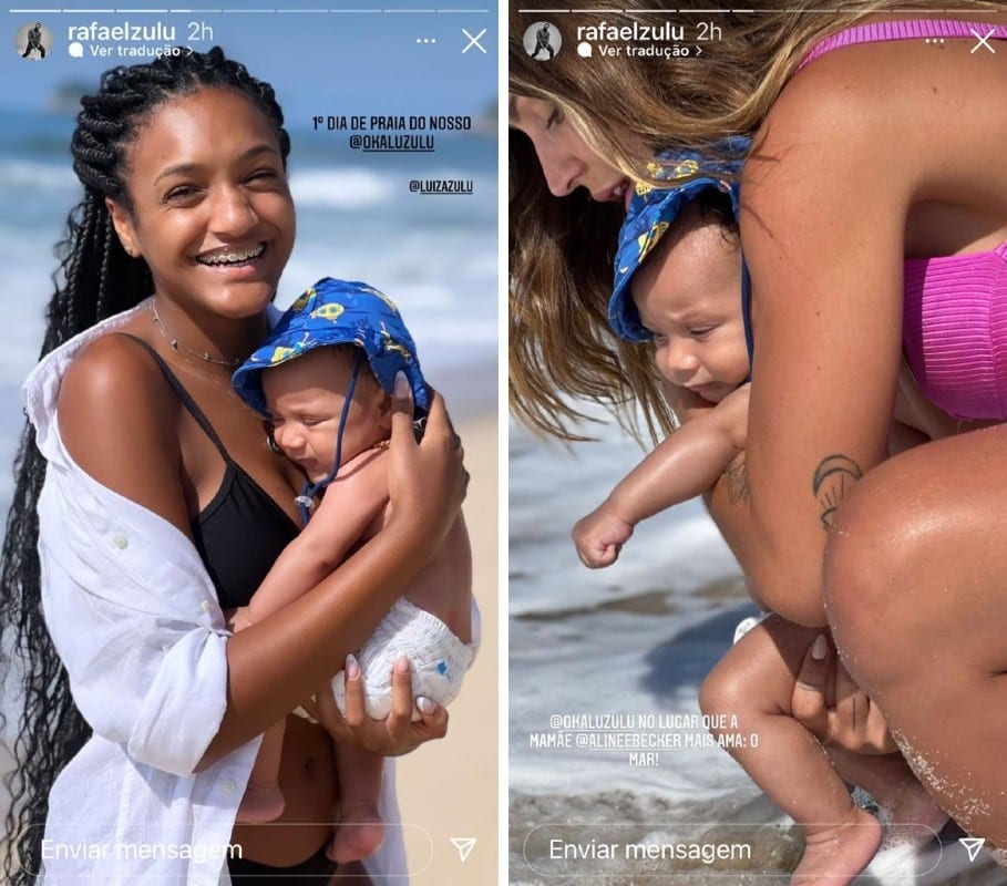 A filha mais velha de Rafael Zulu acompanhou o irmãozinho conhecendo a praia