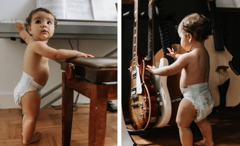 Eva, filha de Nathalia Dill e Pedro Curvello, encantada com os instrumentos musicais