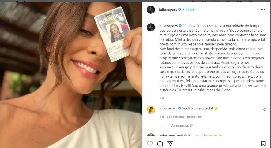 Juliana Paes posa com crachá e fala sobre saída da Globo