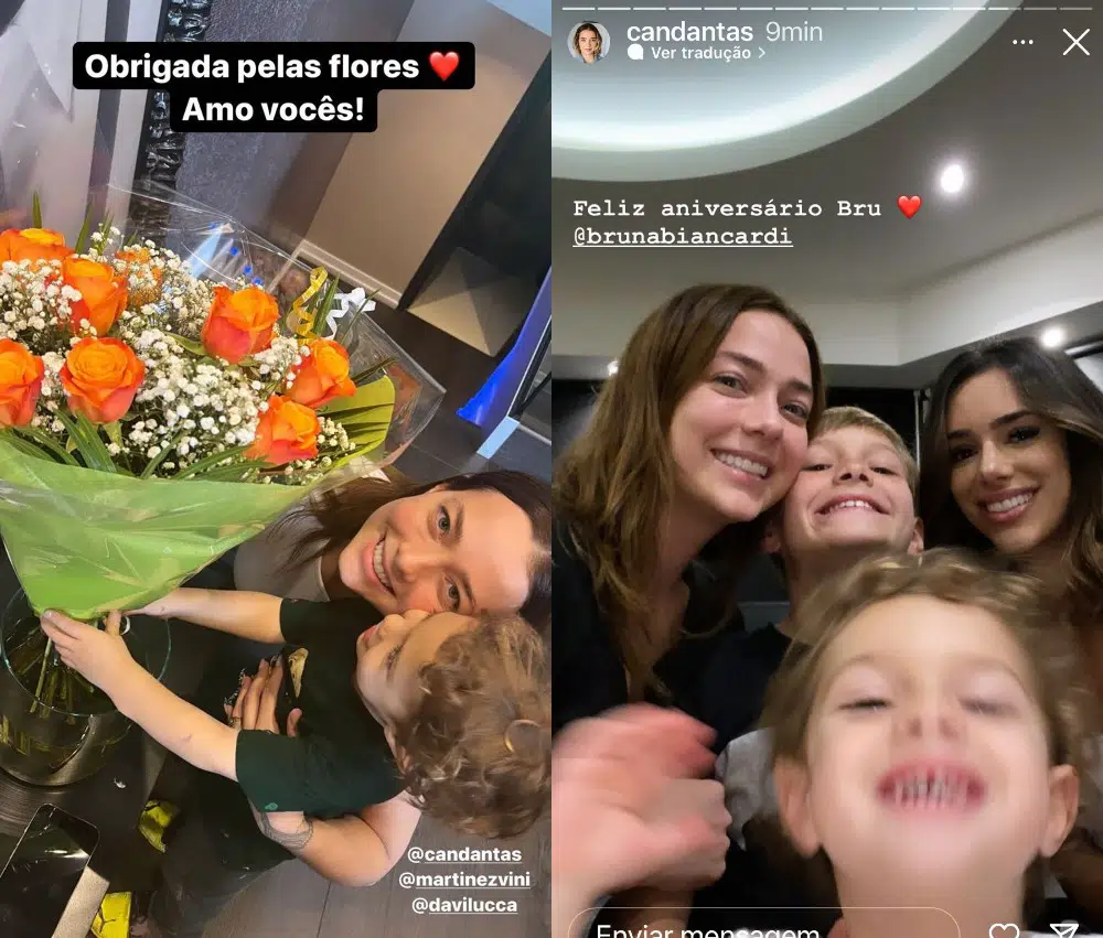 Carol Dantas e os filhos posam com a namorada de Neymar