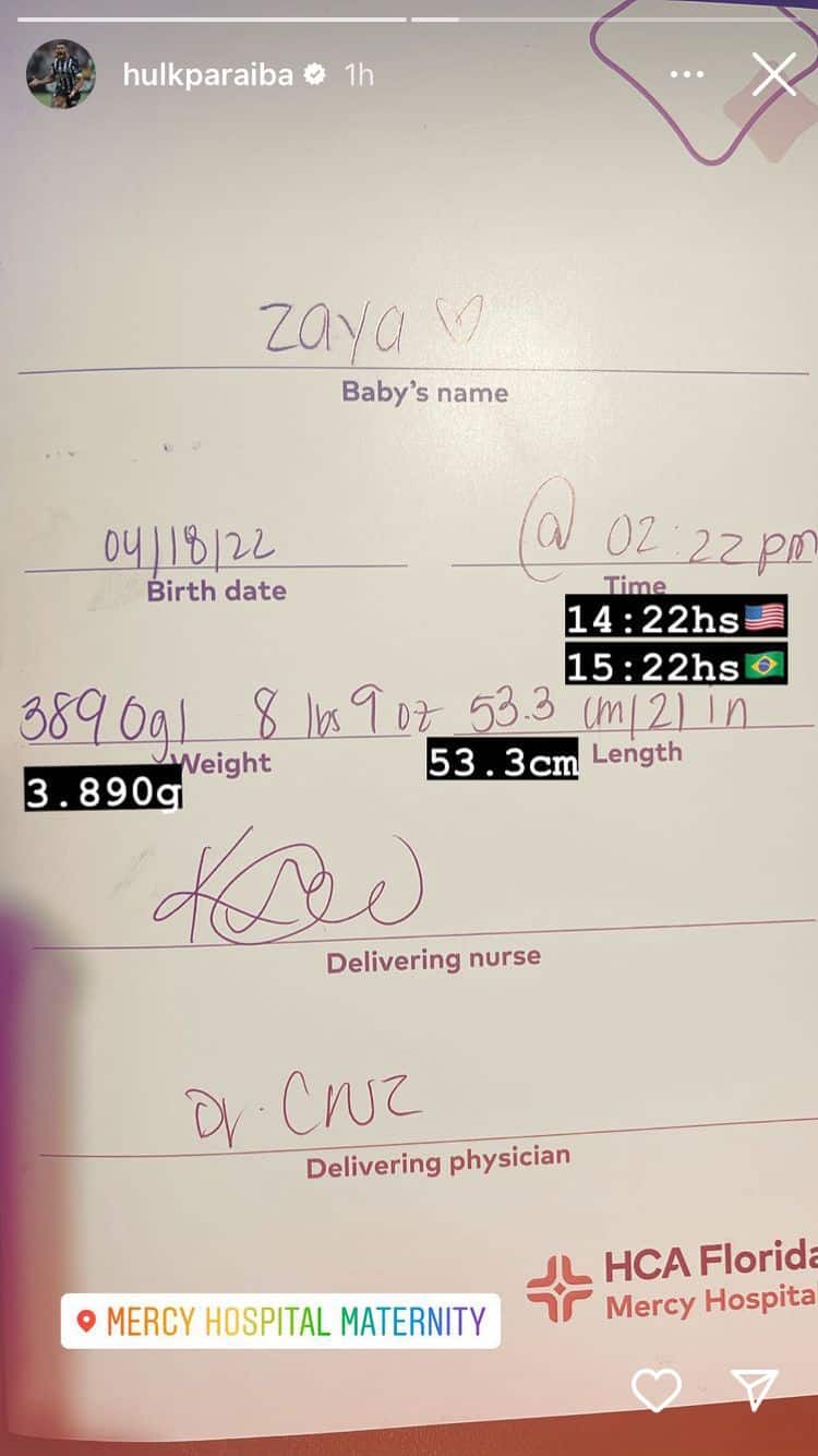 Hulk mostra dados do nascimento da filha caçula
