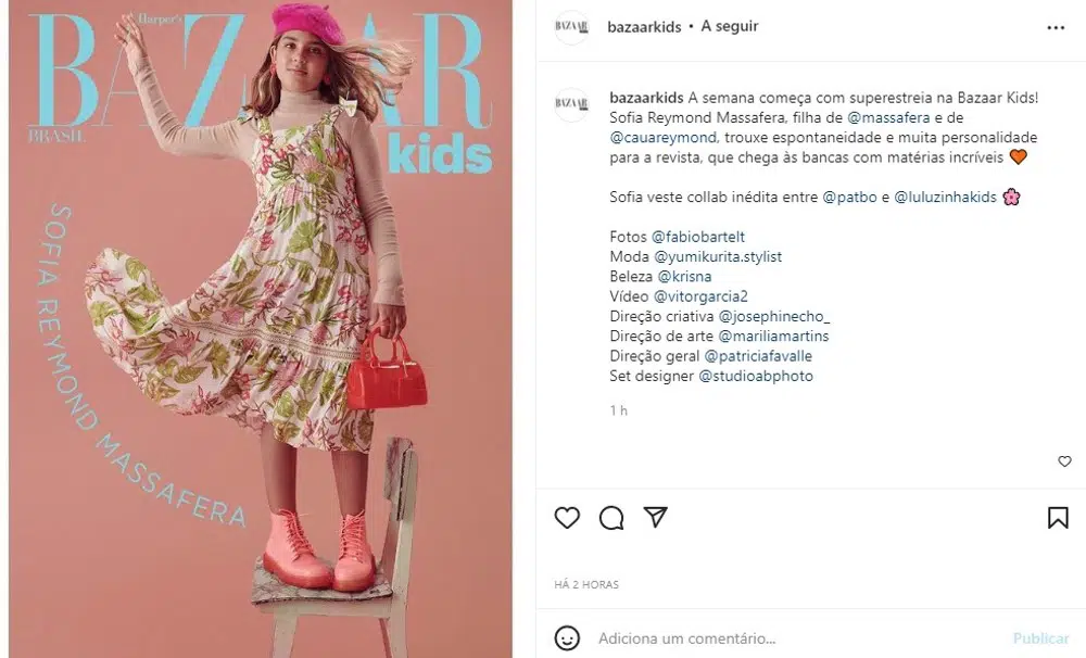 Sofia, filha de Cauã Reymond e Grazi Massafera, posou para uma revista de moda pela primeira vez