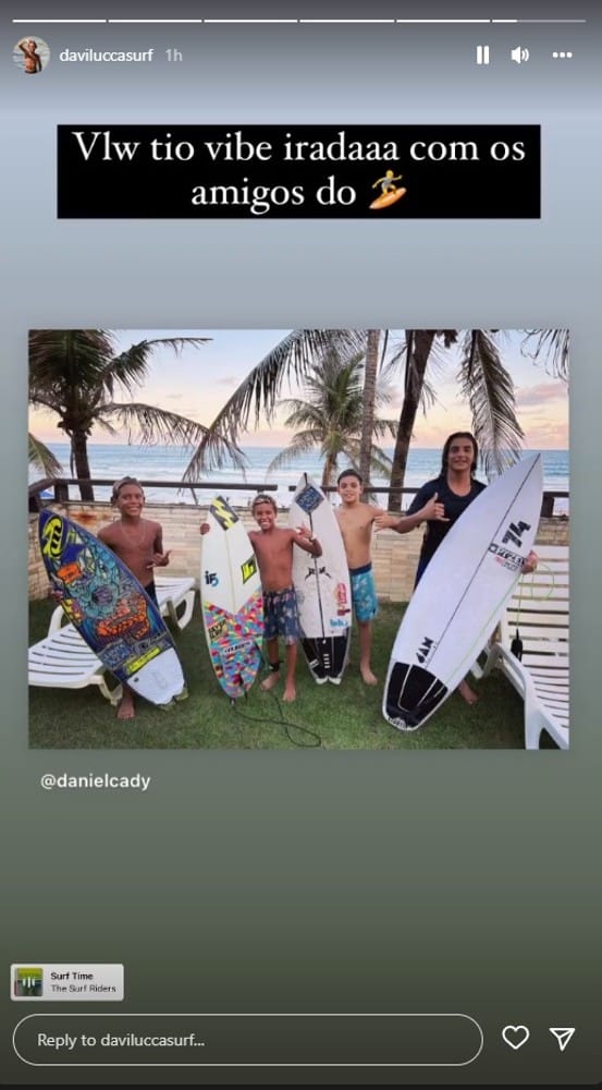 O surfista mirim Davi Lucca agradeceu a Daniel Cady, marido de Ivete Sangalo, pela foto