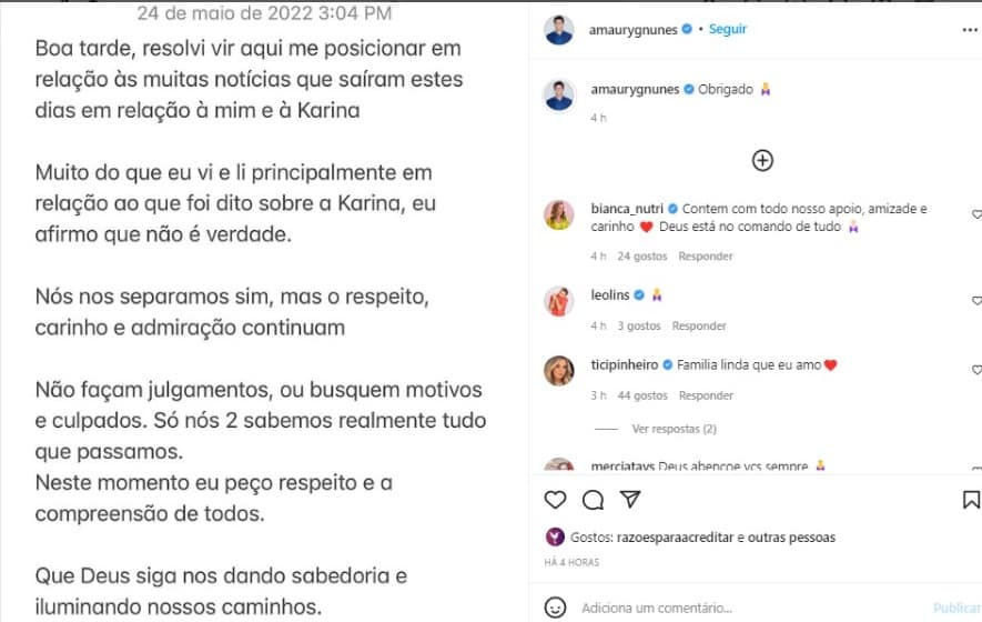 Amaury Nunes publica depoimento sobre separação de Karina Bacchi
