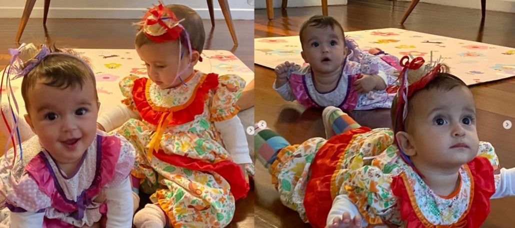 Nanda Costa e Lan Lanh publicam clique das bebês vestidas com roupas caipiras e surpreendem