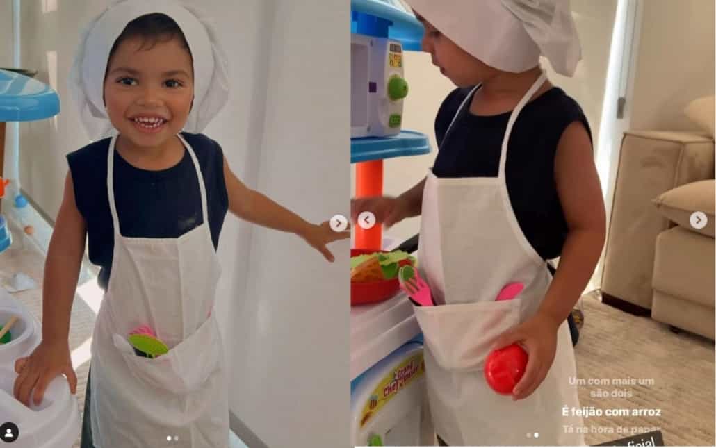Filho de Marília Mendonça o pequeno Léo, de 2 anos, aparece brincando em cozinha de brinquedo e surpreende