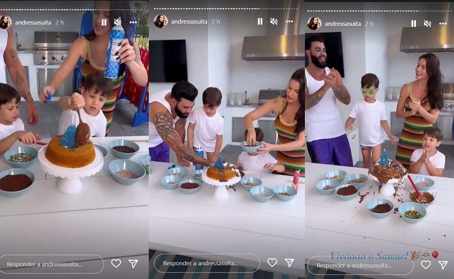 Andressa Suita e Gusttavo Lima celebram os 4 anos do filho e mostram o menino fazendo o próprio bolo