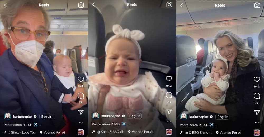 Edson Celulari e Karin mostram viagem de avião da bebê de 4 meses