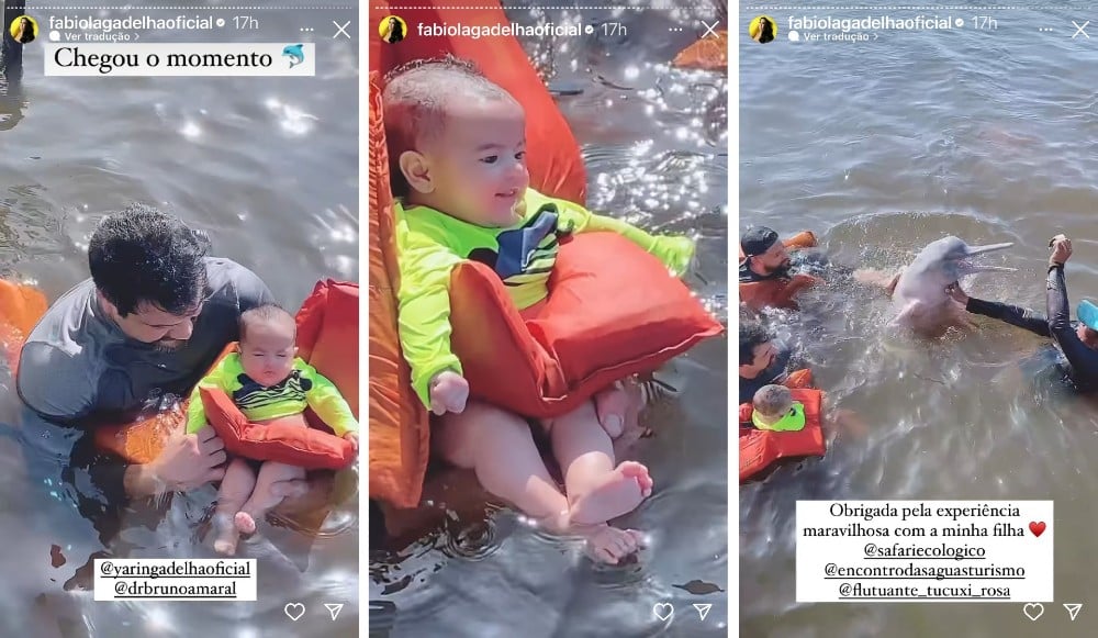 A manauara Fabíola Gadelha mostrou sua bebê nadando com os botos 