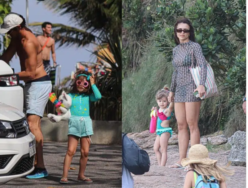 José Loreto com a filha e Rafa Kalimann com a sobrinha curtem praia no Rio de Janeiro