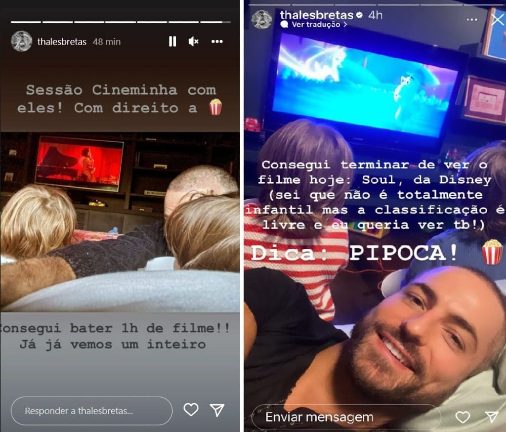 Romeu e Gael, filhos do ator Paulo Gustavo e do médico Thales Bretas, assistindo filme em casa 