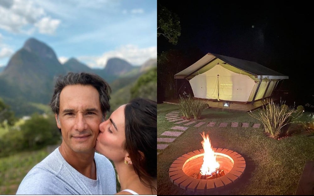Rodrigo Santoro e Mel posam em acampamento luxuoso em Itaipava
