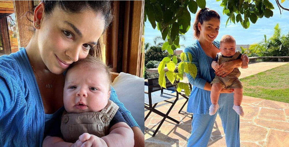 Sabrina Petraglia posa com seu bebê de 3 meses