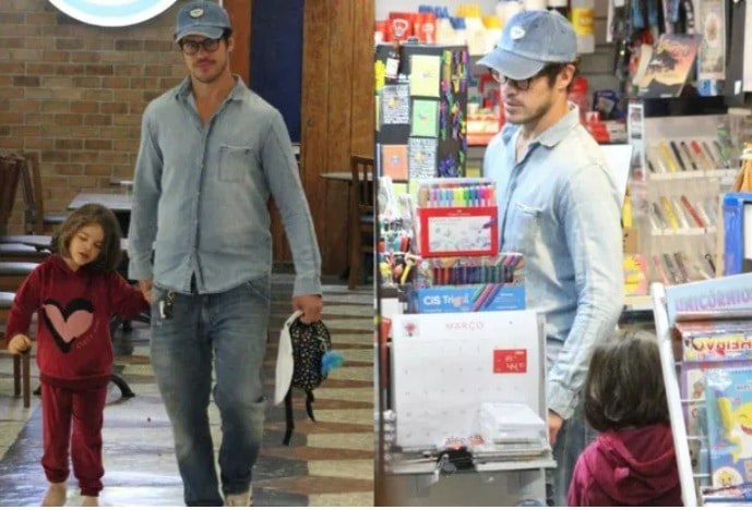 José Loreto surge com a filha, Bella, em passeio pela livraria 