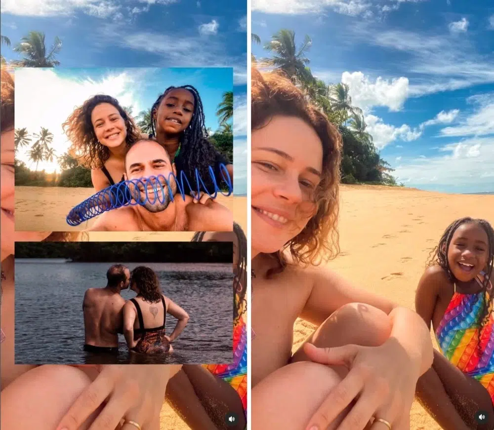 A atriz Leandra Leal aproveitando uma praia na Bahia com o marido e a filha 