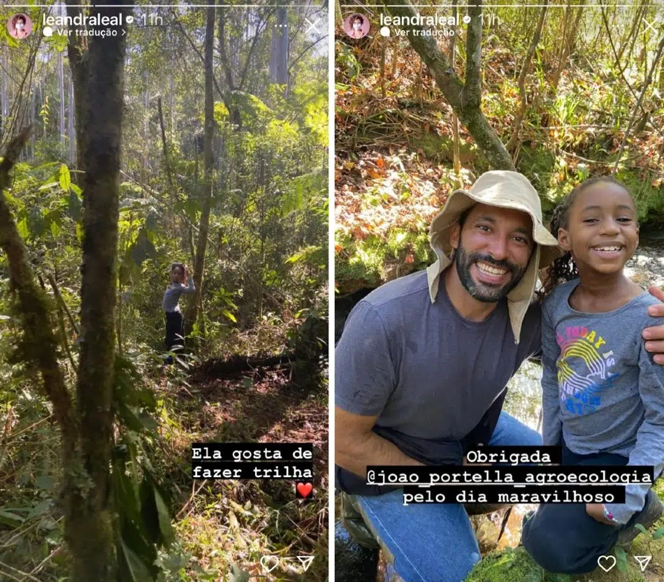 A mamãe Leandra Leal mostrou a filha, de 8 anos, caminhando pela trilha 