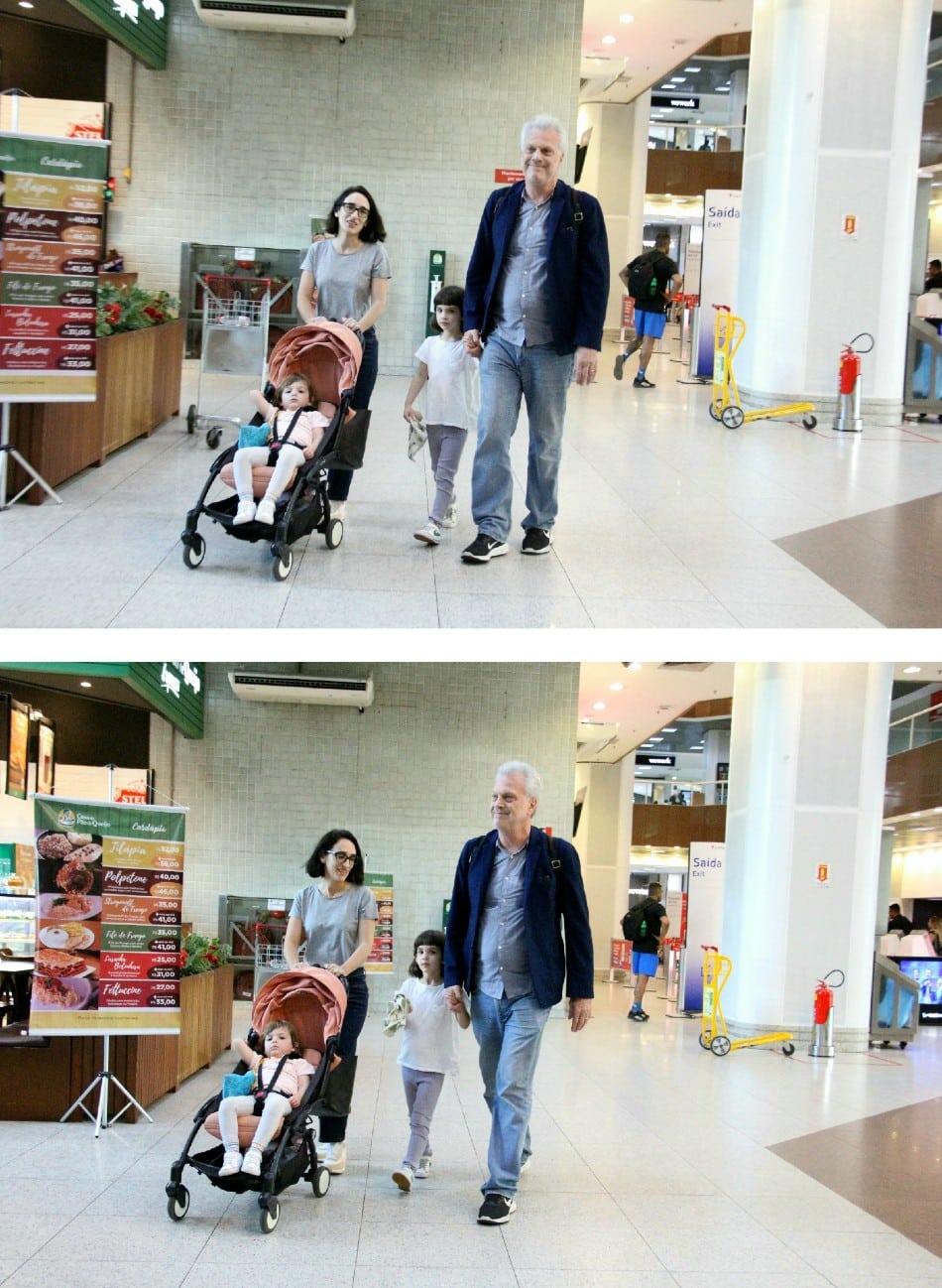 Os jornalistas Pedro Bial e Maria Prata com as filhas em um aeroporto carioca 