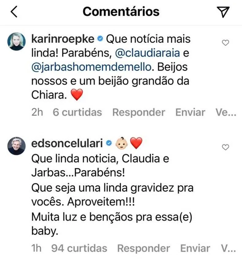 Karin Roepke e Edson Celulari comentaram o anúncio de gravidez de Claudia Raia 