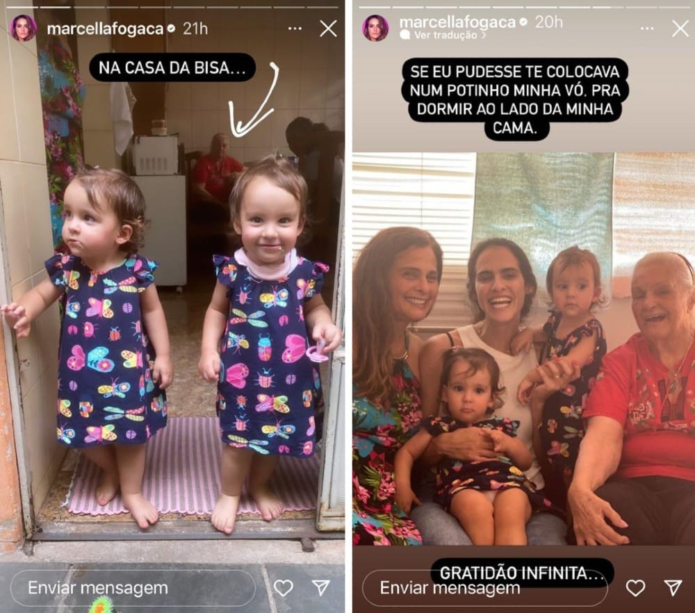As filhas de Joaquim Lopes e Marcella Fogaça usando vestidos iguais em passeio pela casa da bisa 