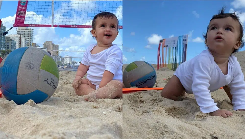 Nanda Costa mostra suas gêmeas brincando na areia