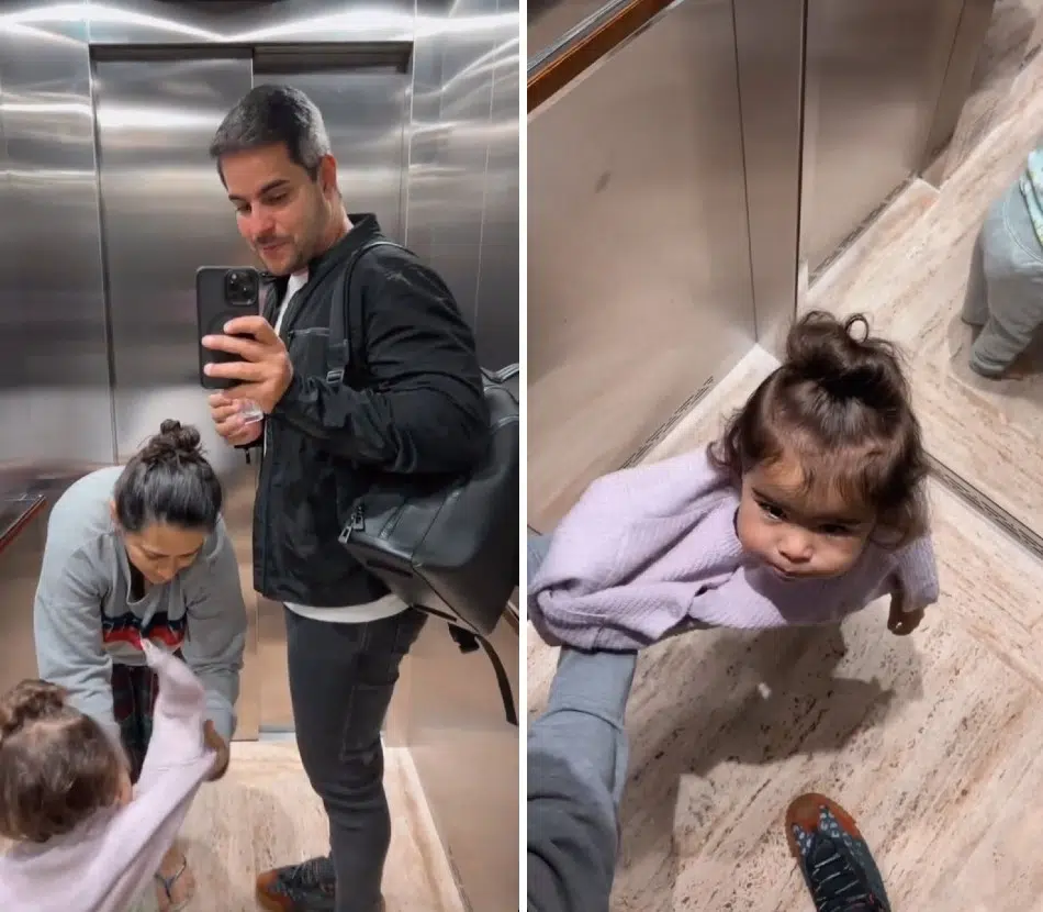 Kaká Diniz, marido de Simone, posou com a bebê e a babá dela no elevador da mansão