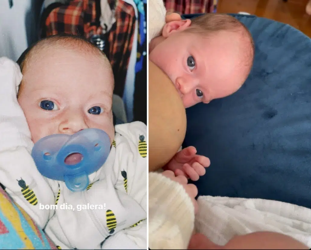Isa Scherer exibe um de seus bebês gêmeos com os olhos abertos e encanta
