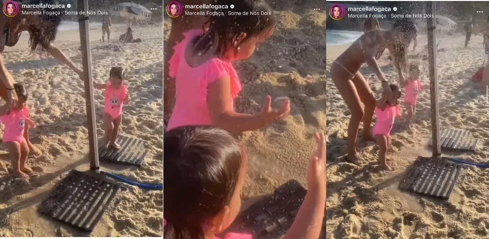 Gêmeas de Joaquim Lopes brincam na praia de maiôs iguais