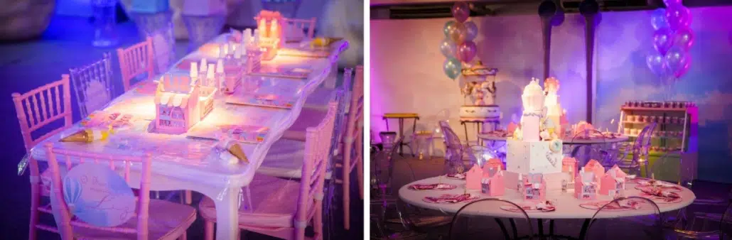 Os detalhes das oficinas para as crianças e das mesas de convidados da festa de Liz, bebê de Léo Santana e Lore Improta